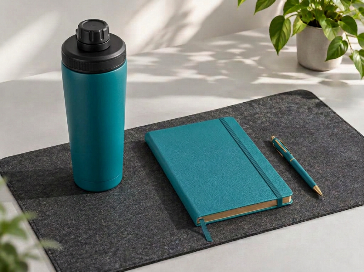 Corporate notebook, pen, steel bottle and desktop runner