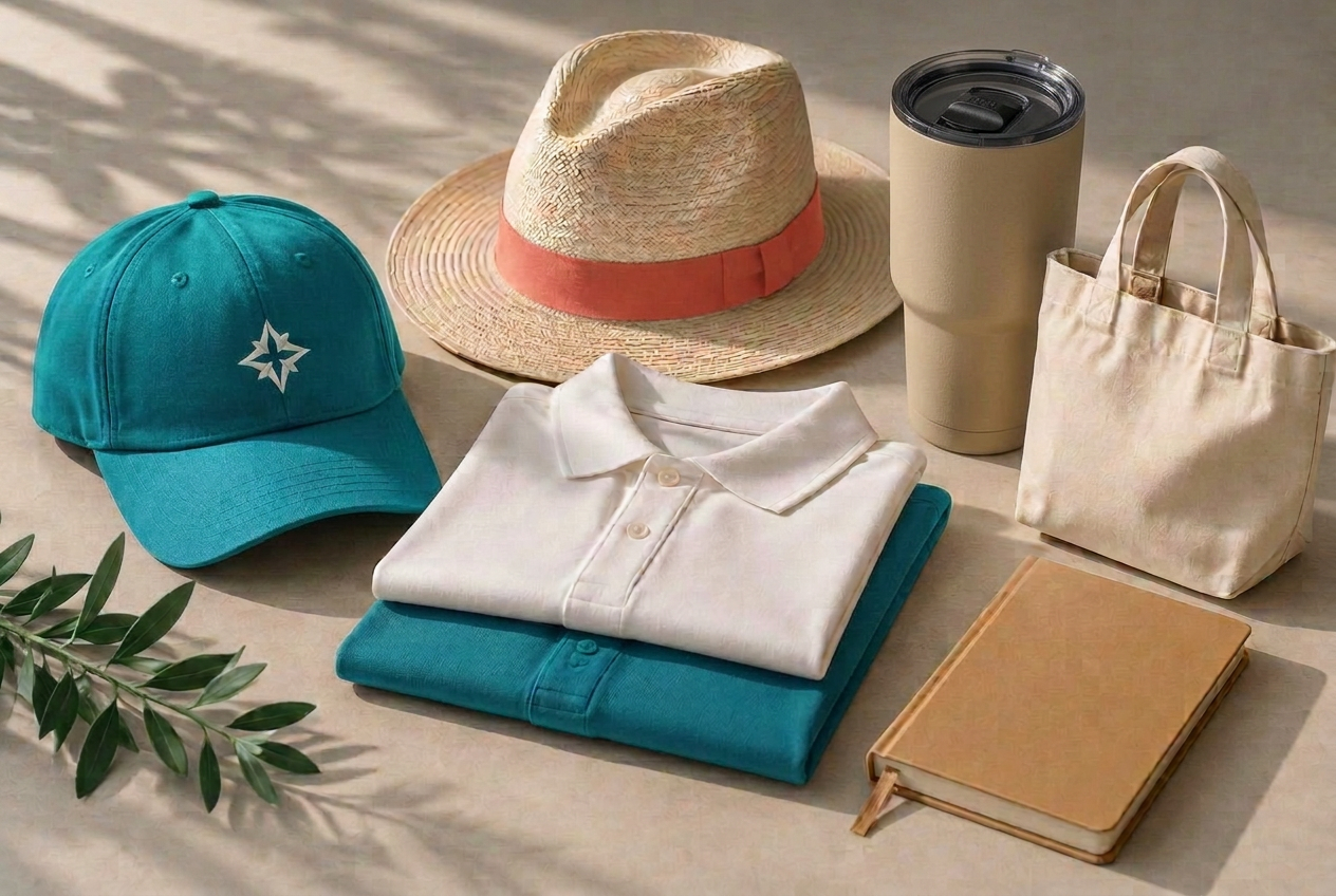 A collection of custom caps, Panama hats, corporate shirts and gifts